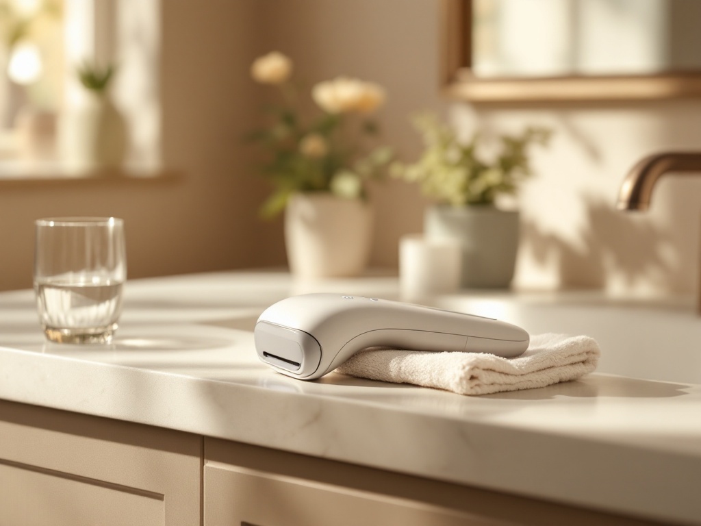 A handheld at-home IPL device resting on a bathroom counter beside a folded towel