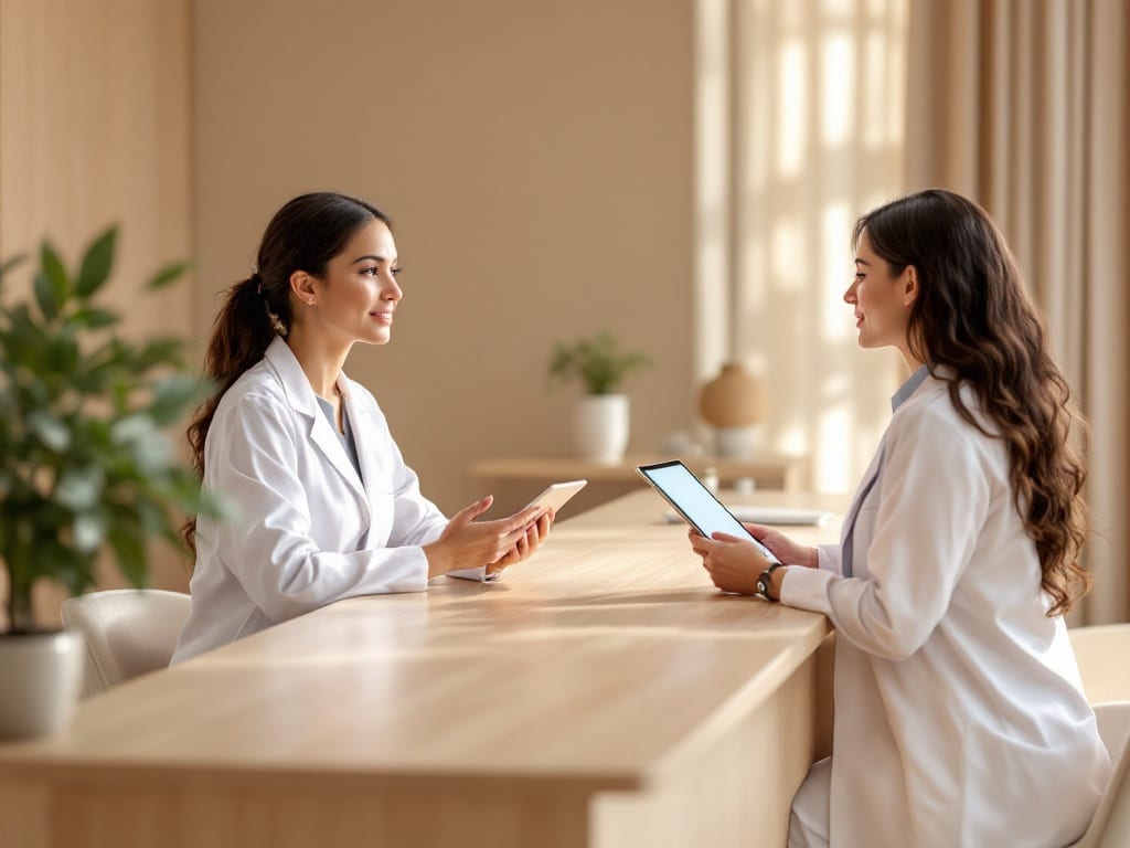 A patient in consultation with a provider across a clean desk in a modern medical aesthetics clinic