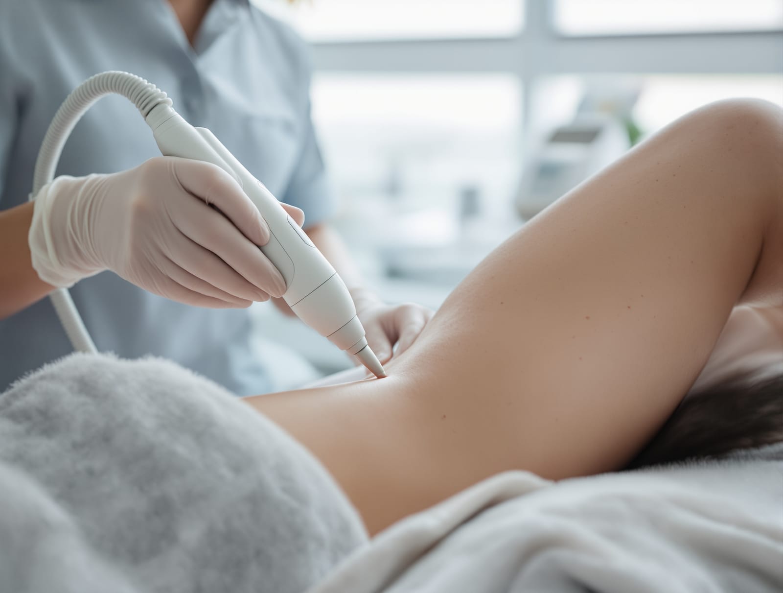 A calm client on a treatment table as a gloved clinician holds a cooling laser handpiece near the lower leg