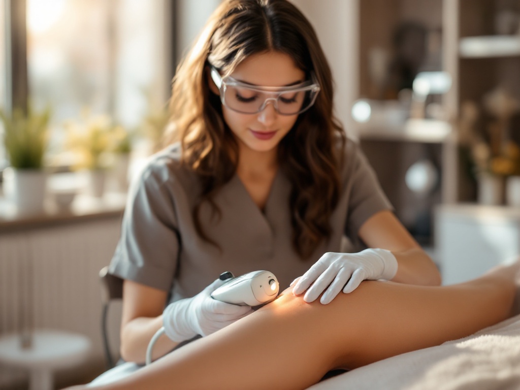 A licensed aesthetician guiding a laser hair removal applicator across a patient's lower leg in a clinic