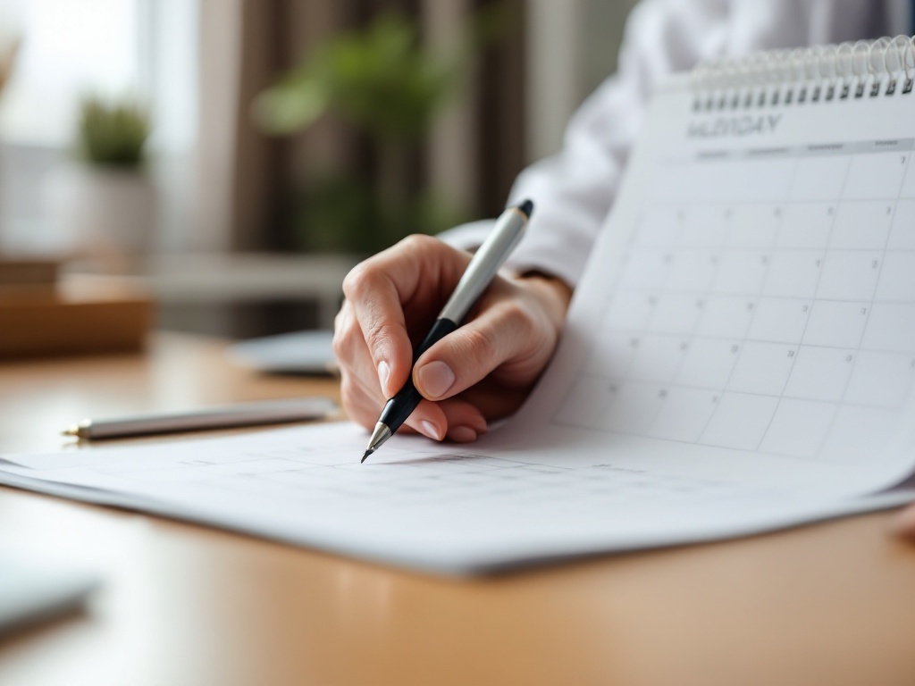 A clinician marking spaced treatment dates on an appointment calendar at a wood desk