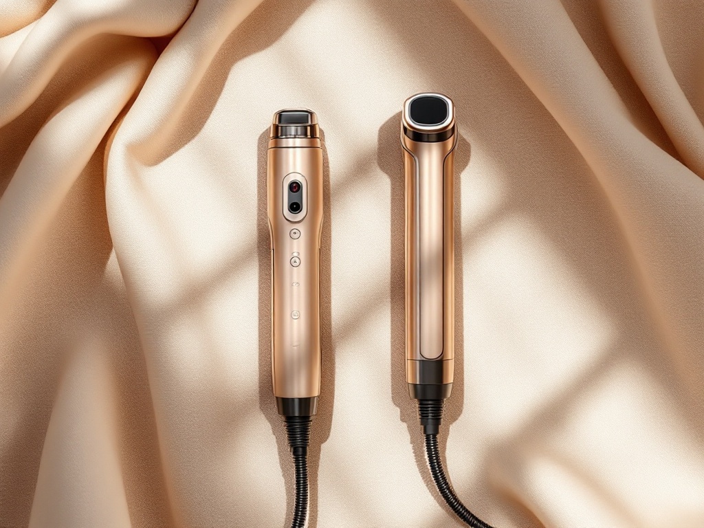 A focused diode laser handpiece and a broad intense pulsed light handpiece side by side on warm fabric