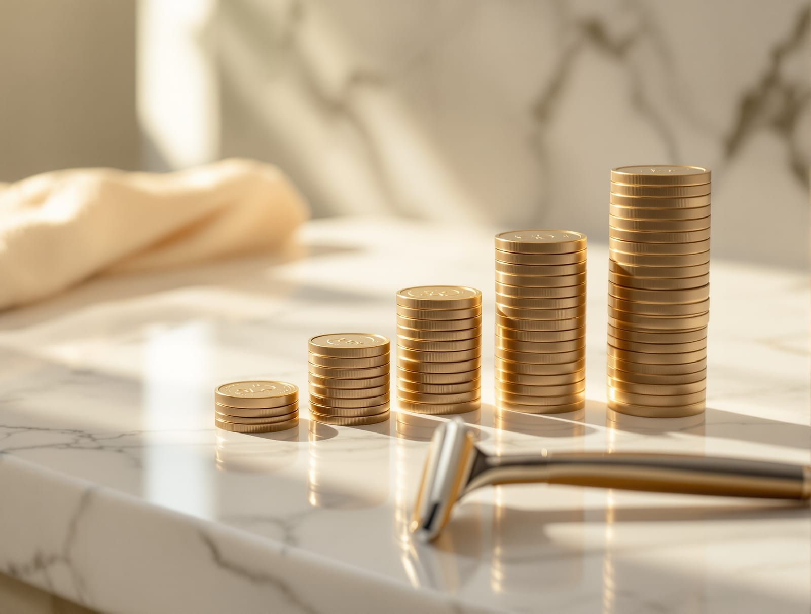 Neat stacks of coins rising in a row beside a modern razor on a clean marble bathroom counter in warm morning light