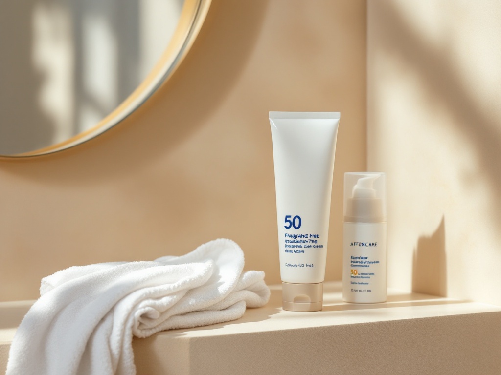 A cool compress, fragrance-free moisturizer, and sunscreen arranged on a bathroom shelf