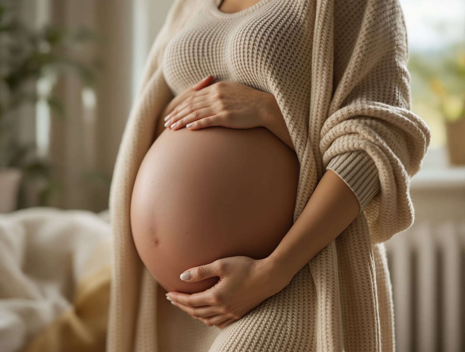 A pregnant woman in soft knitwear resting her hands on her belly by a bright window