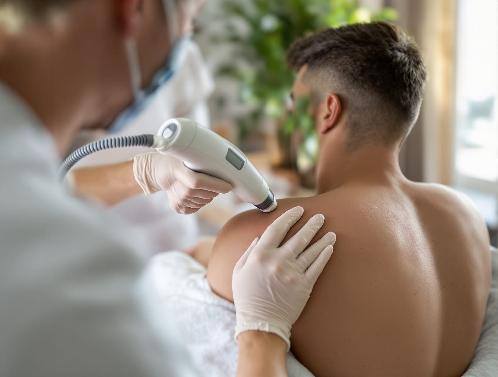 A gloved aesthetician guiding a laser hair removal handpiece across a seated man's upper back in a bright clinic
