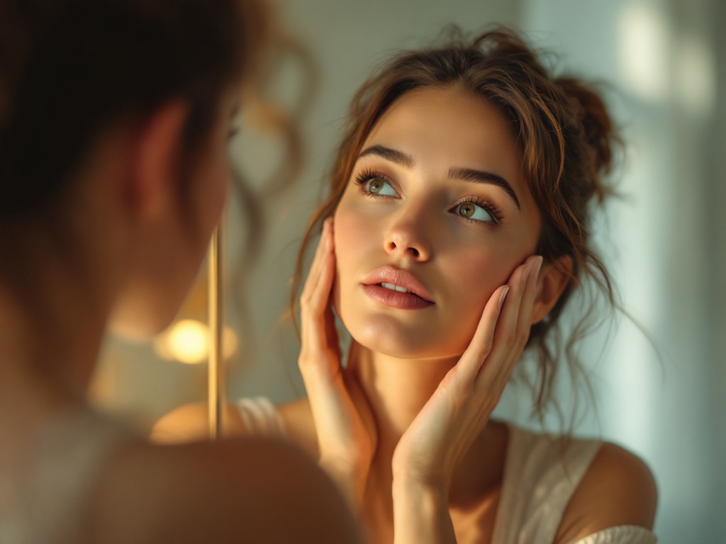 A woman examining her jawline and chin in a softly lit bathroom mirror
