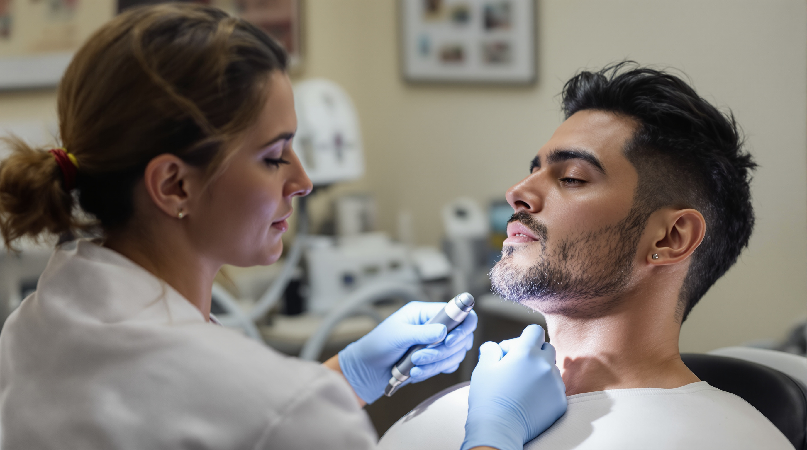 A laser technician in a clinic treatment room holding a cooled laser handpiece near the lower cheek of a seated adult patient wearing protective eyewear.
