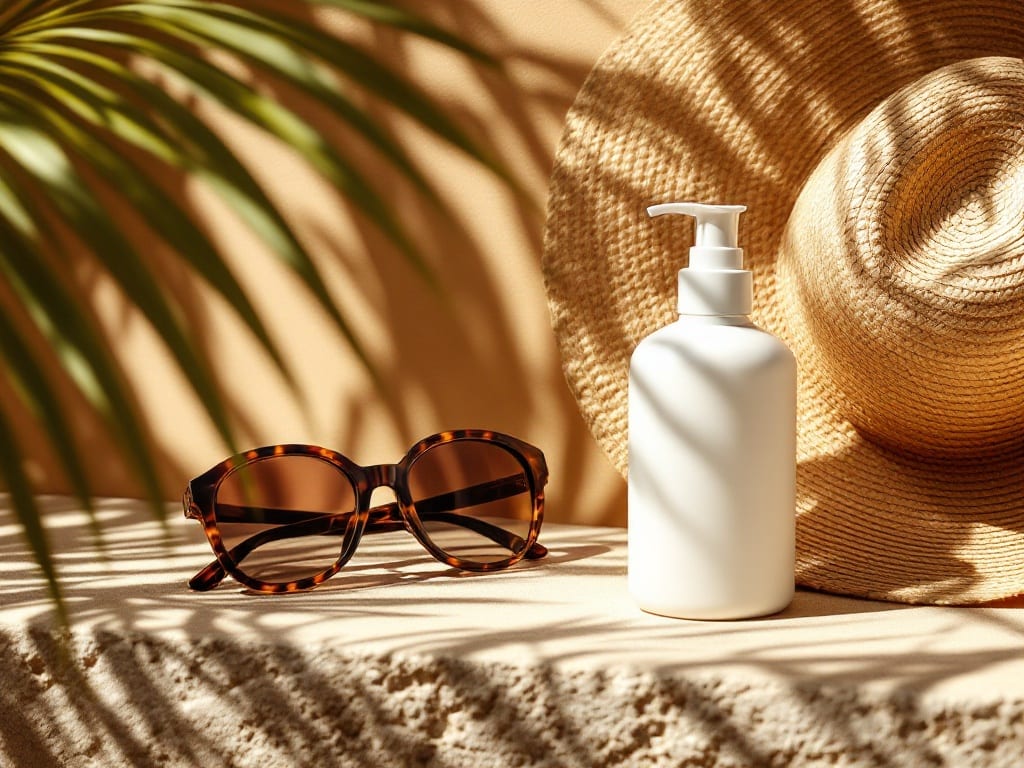 A bottle of sunscreen, sunglasses, and a wide-brimmed sun hat arranged on a warm stone ledge in summer light