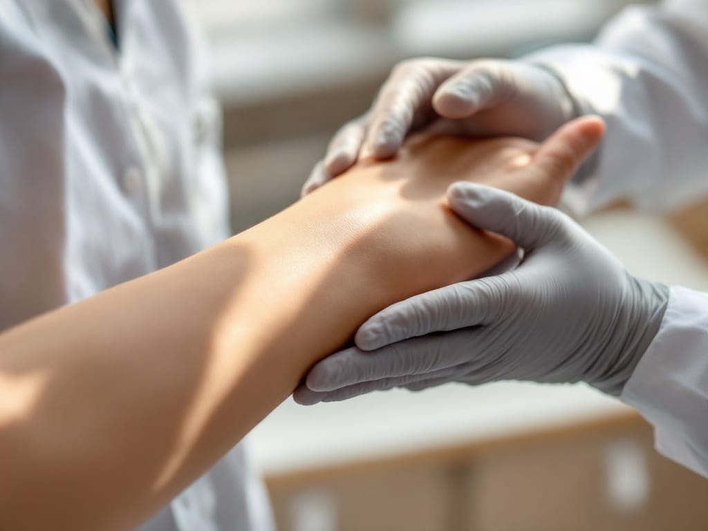 A clinician gently examining the skin of a patient's forearm under soft daylight in a dermatology office