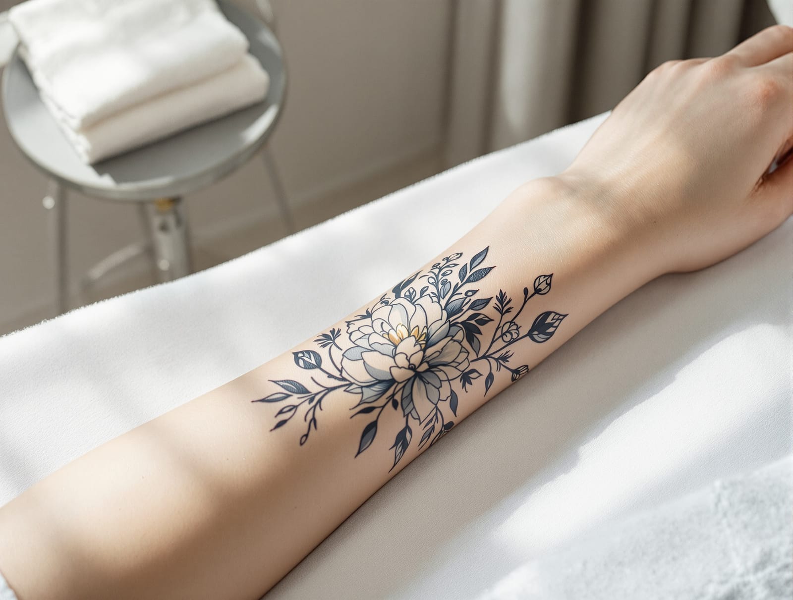 A tattooed forearm resting on a clinic treatment bed beside a white marking pencil and folded gauze in soft daylight
