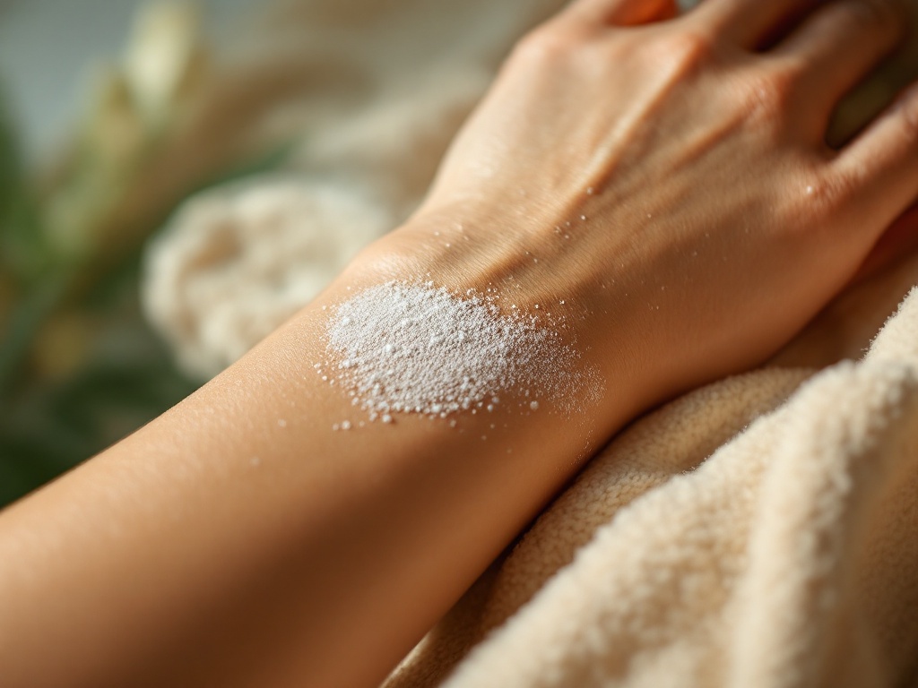 Close detail of smooth healthy skin on a forearm beside a gentle exfoliating cloth