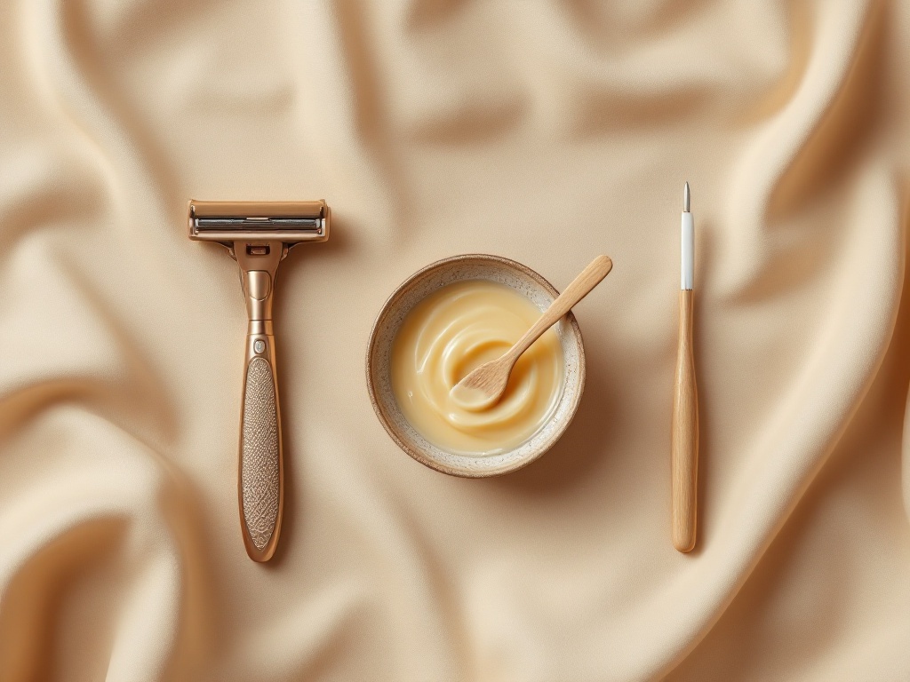 A safety razor, a dish of soft wax, and an electrolysis probe arranged in a row on beige fabric